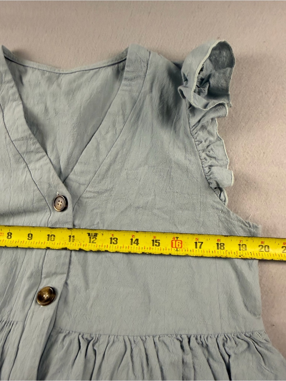 Sleeveless Light Blue Ruffle Button-Front V-Neck Blouse - Picture 3 of 6